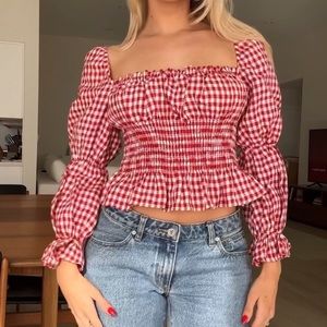 Reformation Oakgrove Red and White Gingham Linen Top Size XS